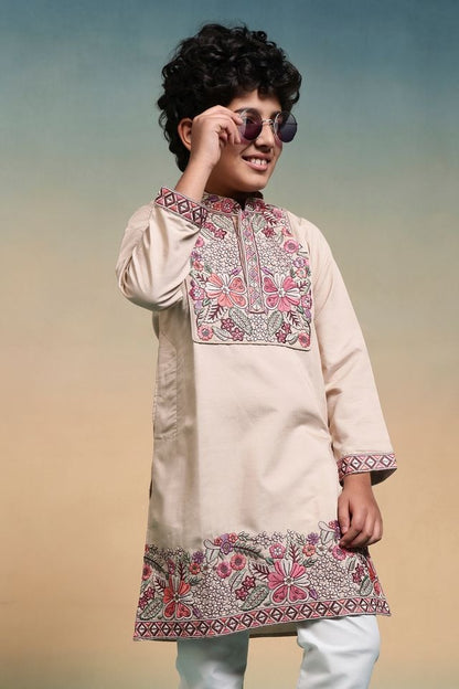 Beige kurta pajama for boys engagement event styling