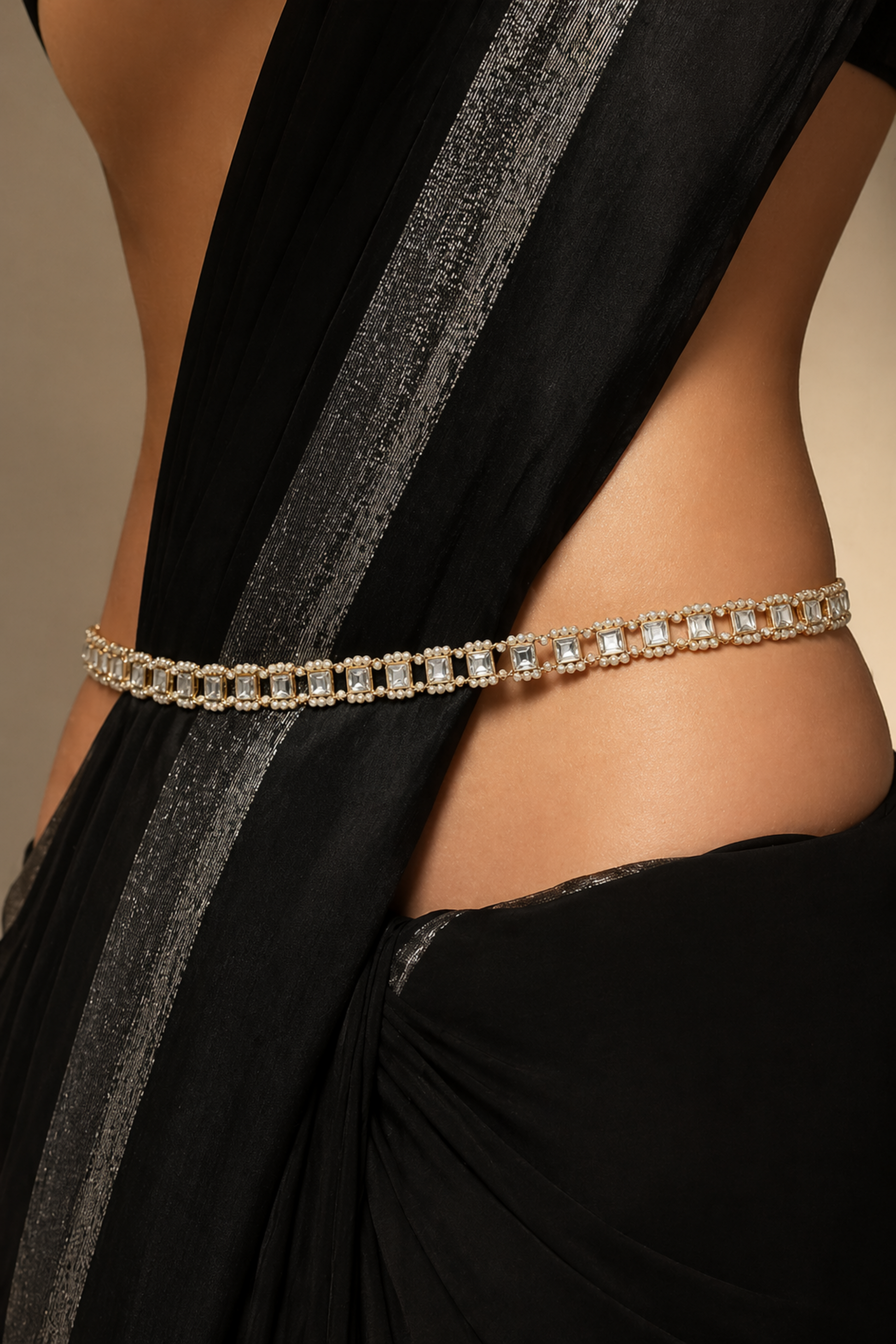 close-up of crystal and pearl detailed waist chain
