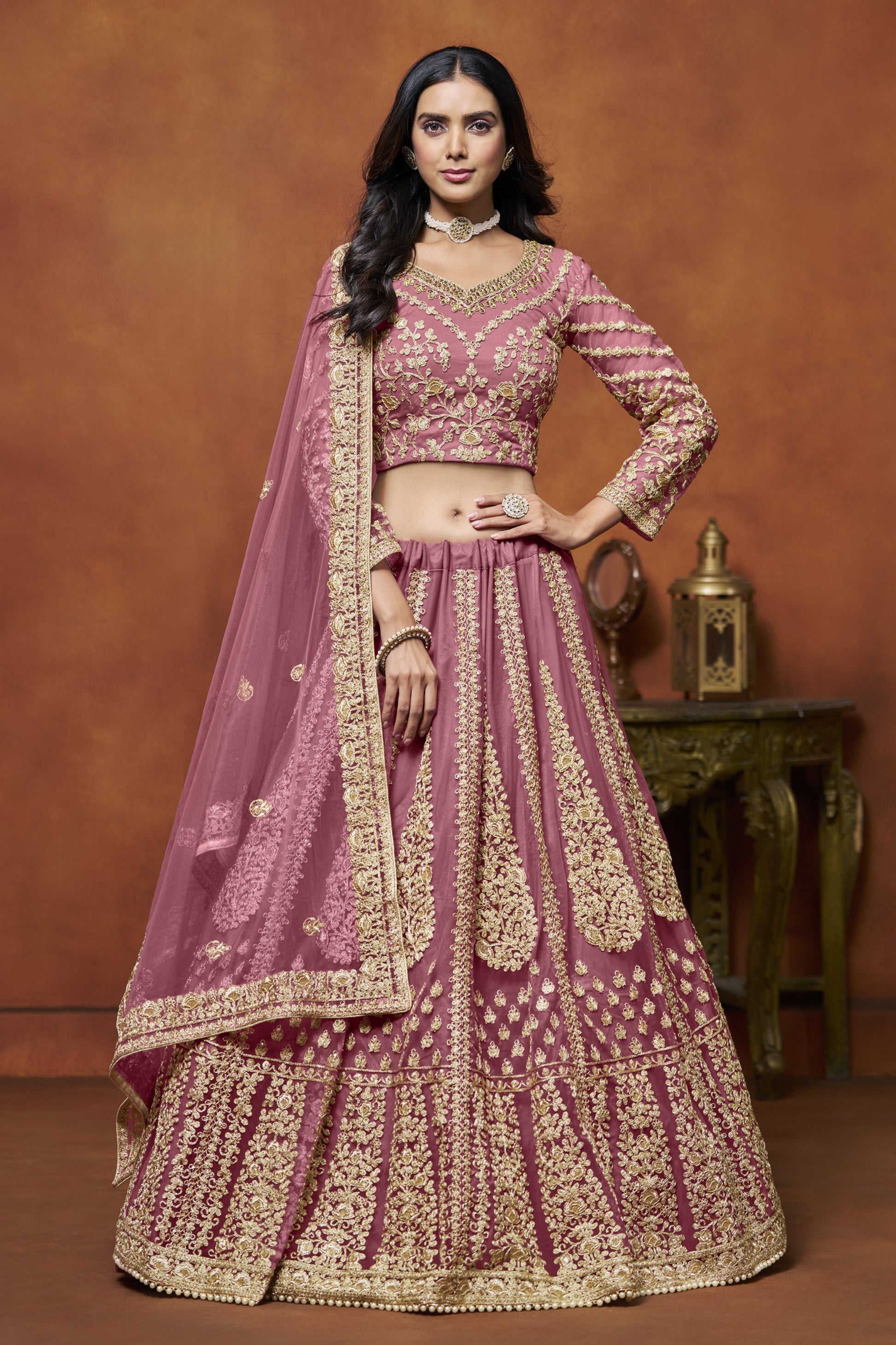 Net embroidered lehenga choli with petticoat volume detail