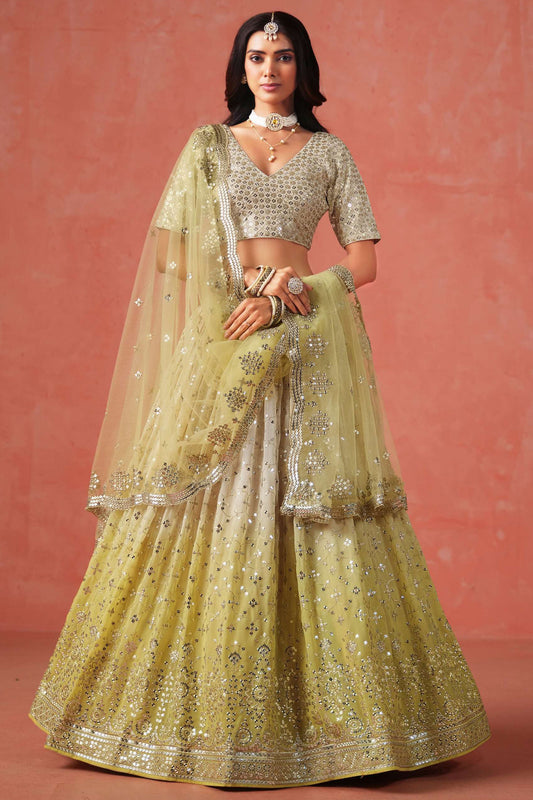 lemon yellow wedding gown petticoat lehenga front view