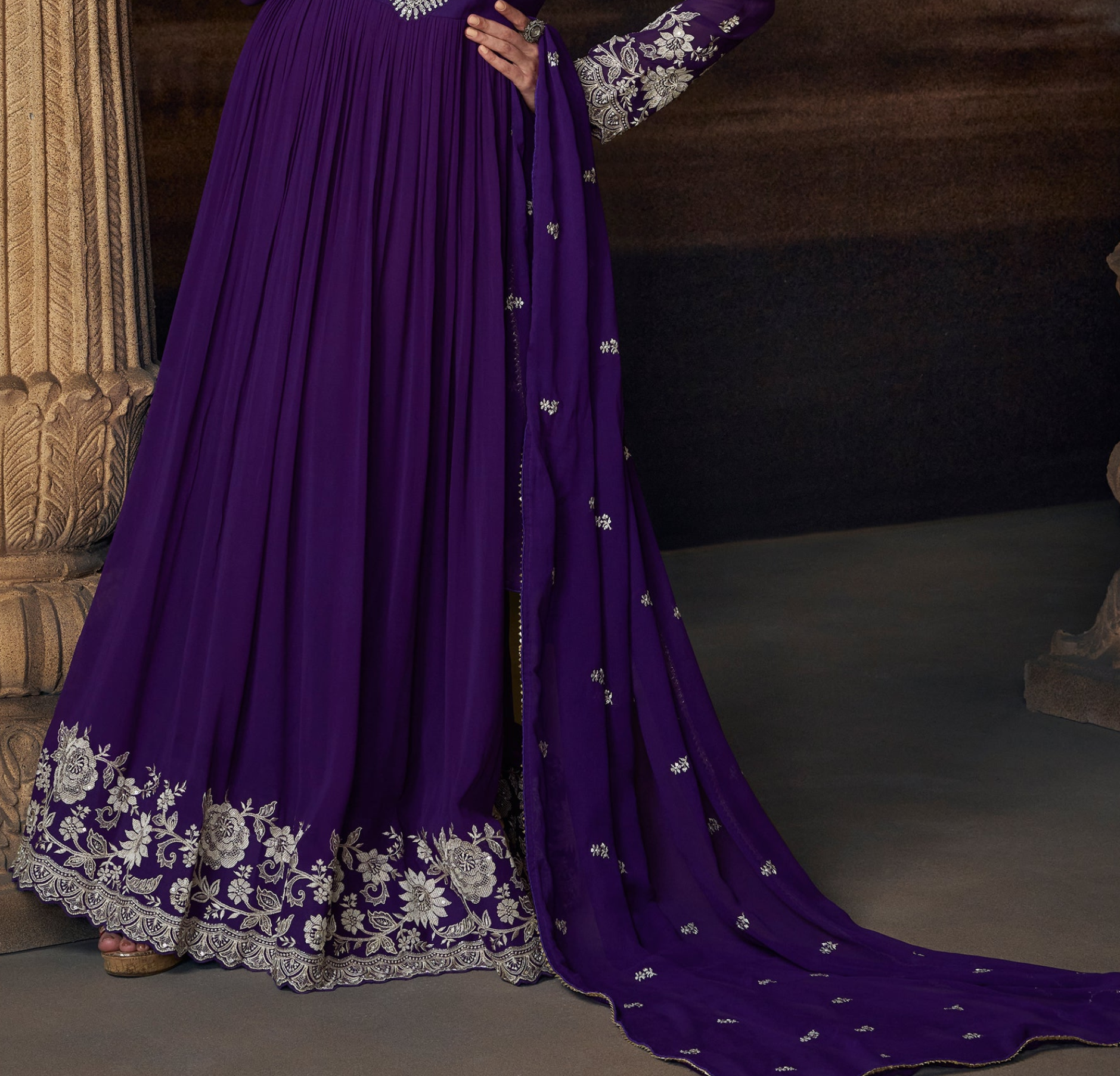 Georgette anarkali fabric texture close view in violet
