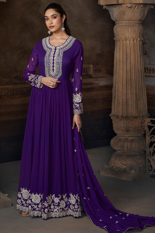 Violet anarkali gown front view with heavy embroidery