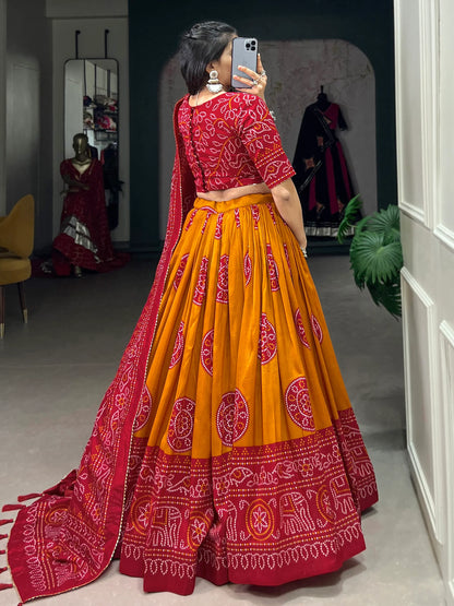 Back view of heavy choli red lehenga ensemble