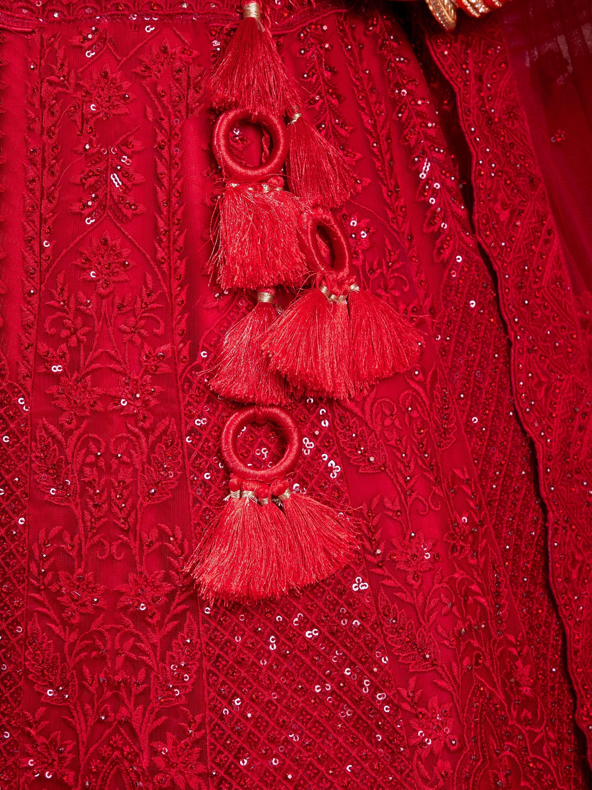 detailed blouse embroidery on red net lehenga choli