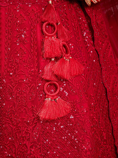 detailed blouse embroidery on red net lehenga choli