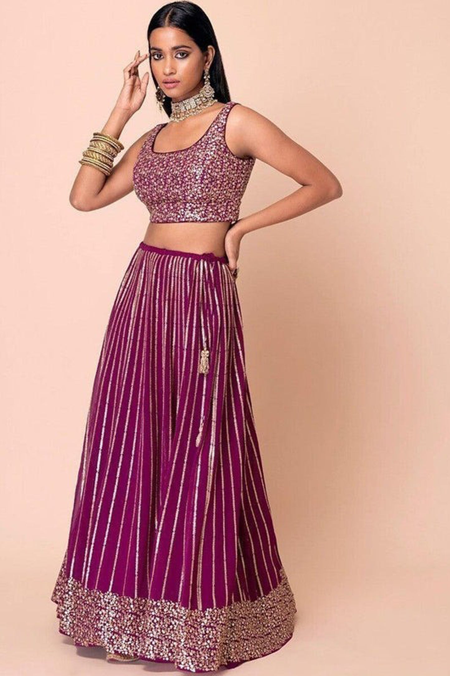 Dupatta styling with purple lehenga for engagement look
