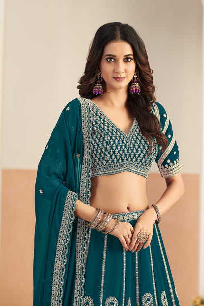 Festive lehenga outfit in royal green front and side angle