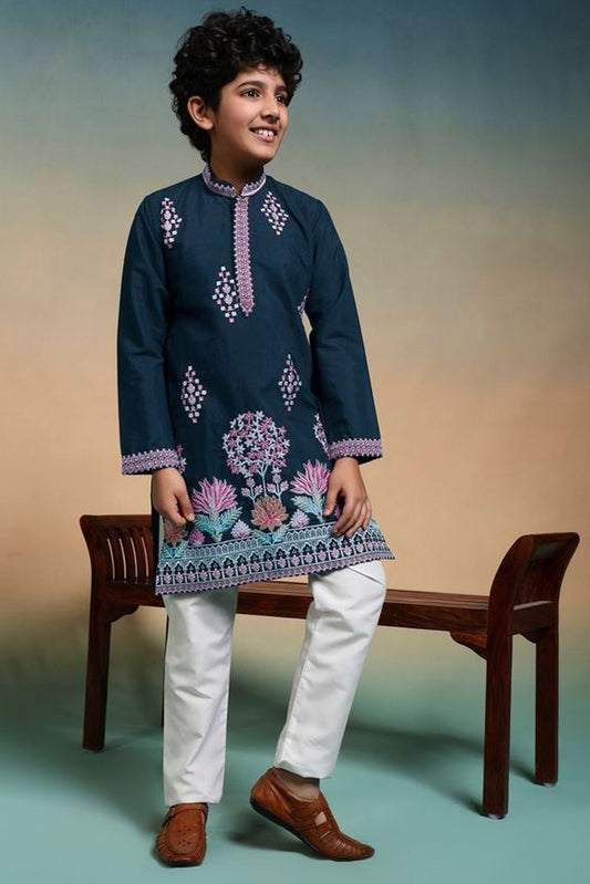 Teal kurta pant coordinated festive ensemble