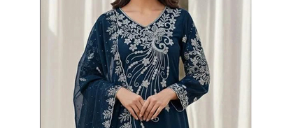 Embroidery and zarkan work detail on teal blue ensemble