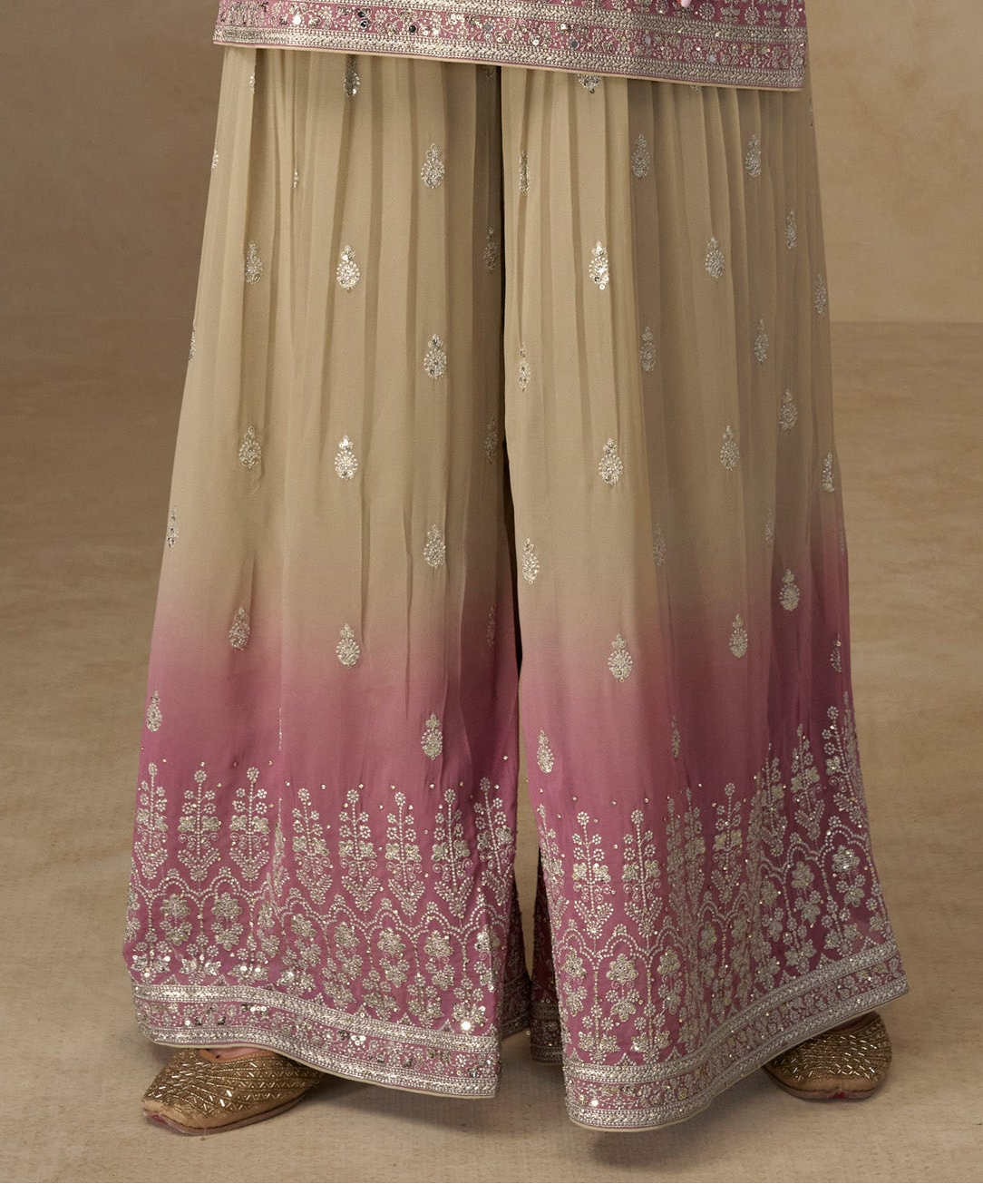 Wedding look in beige Pakistani palazzo suit