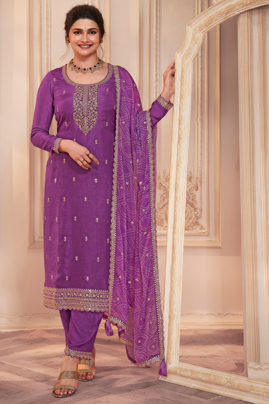 Purple salwar suit for women styled for wedding event