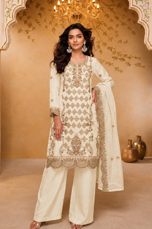 White Palazzo with heavy thread sequin embroidery front view