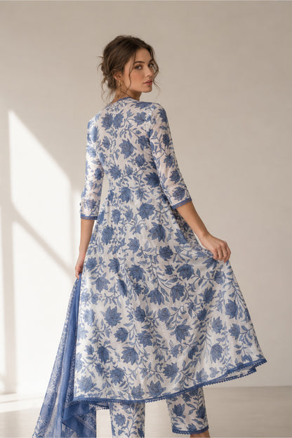 Back view showing the White Anarkali and flowing shape