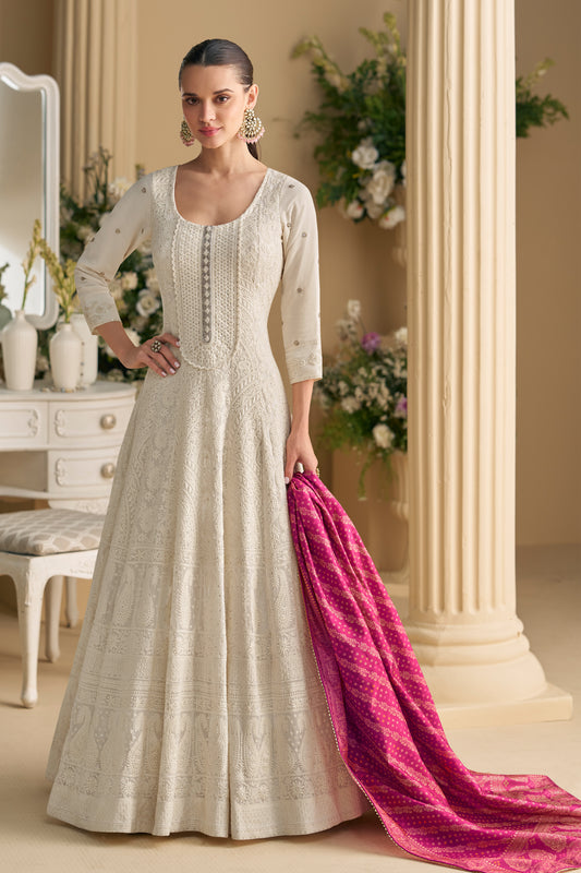 White anarkali dress front view with chikankari embroidery