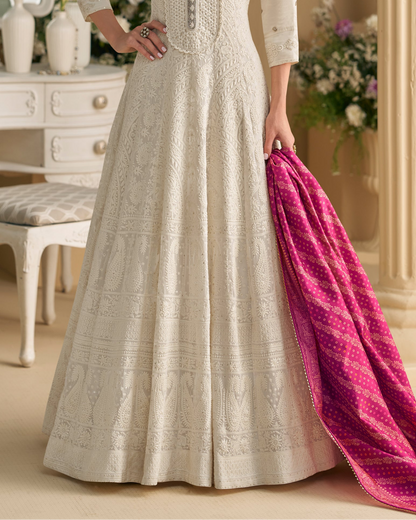 Dupatta detail with white anarkali suit
