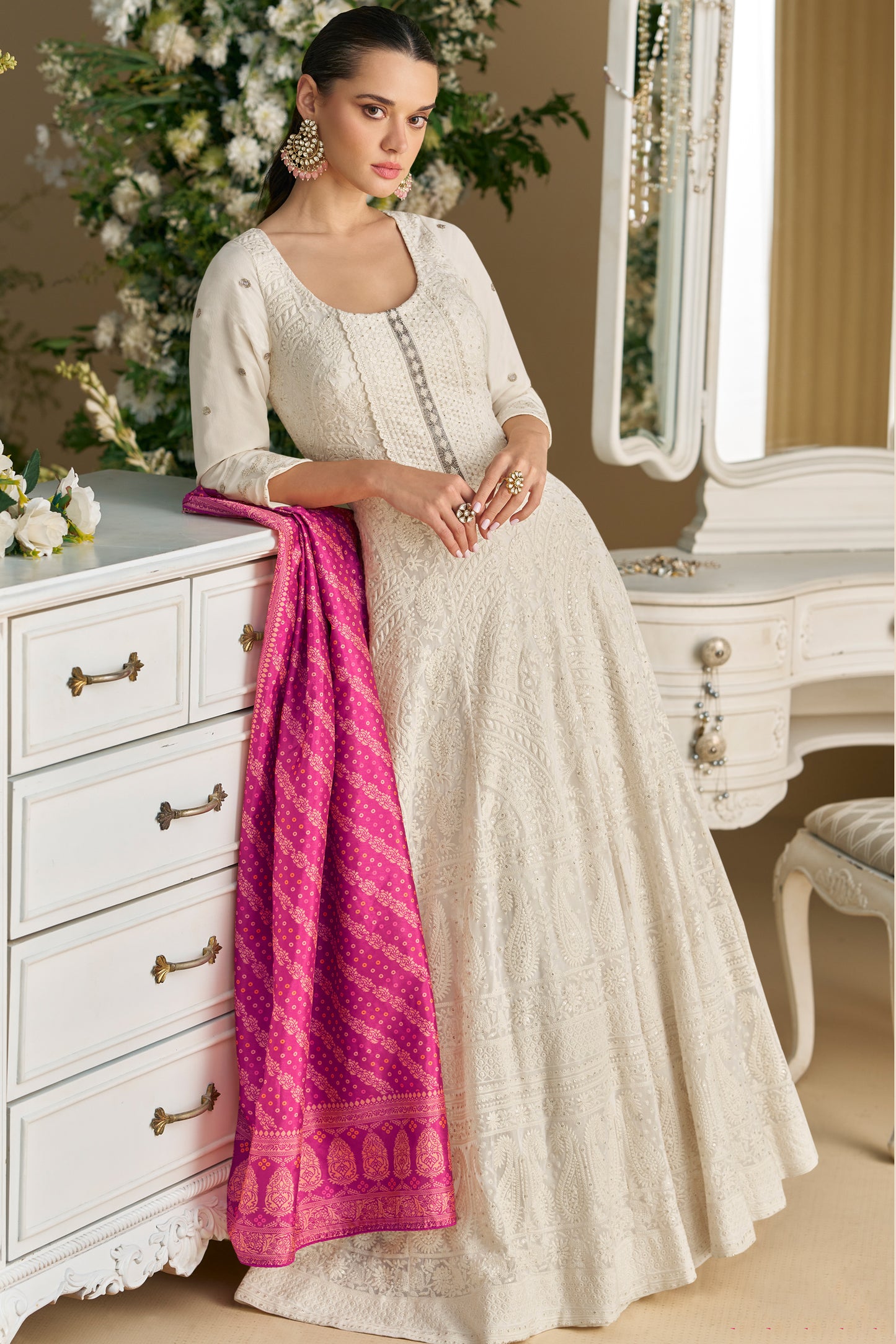 White anarkali suit full length front look