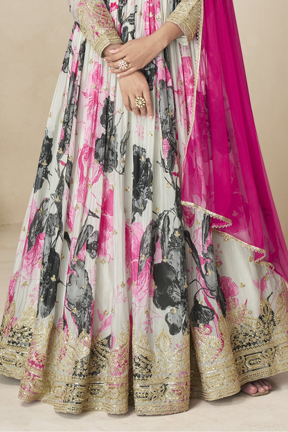 Wedding-ready white anarkali Indian dress with embroidery