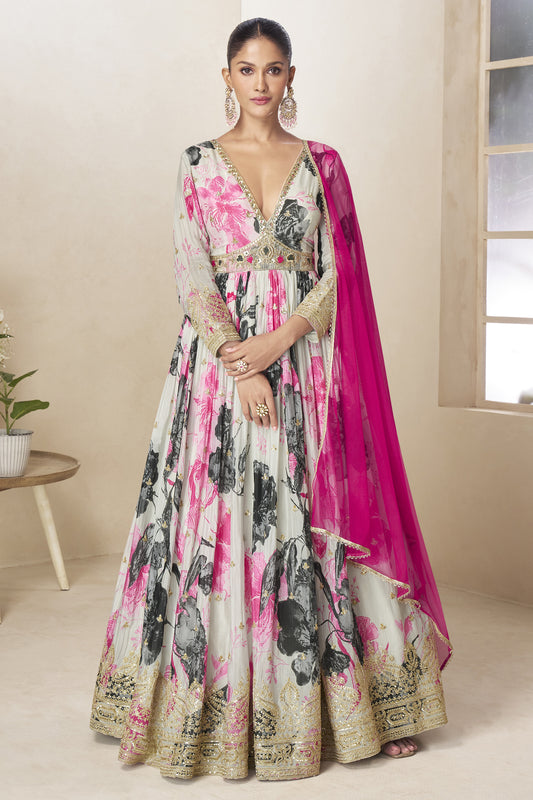 Front view of white embroidered anarkali dress in real chinon