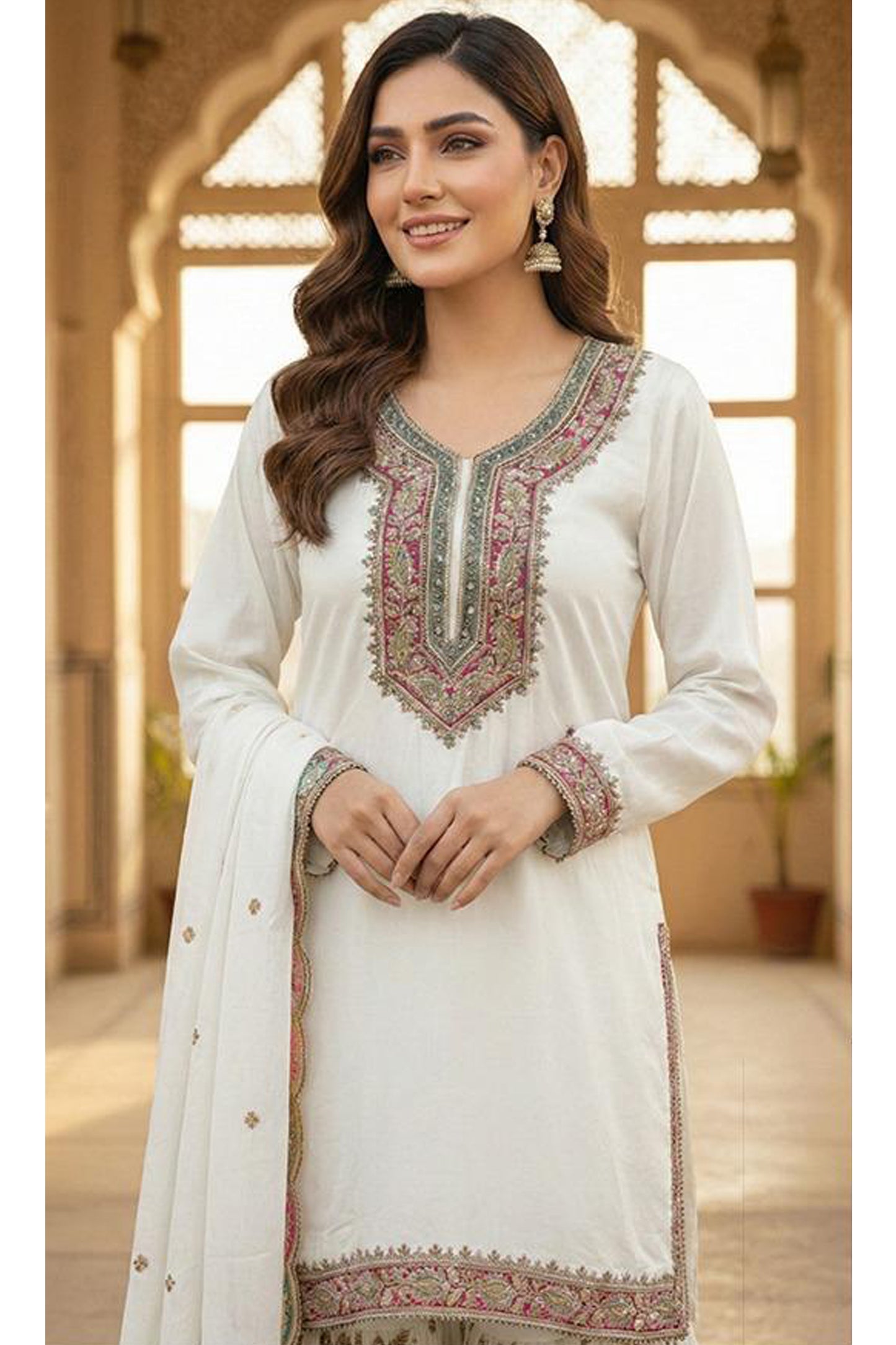 White Sharara Suit in Hevay Chinon for reception wear