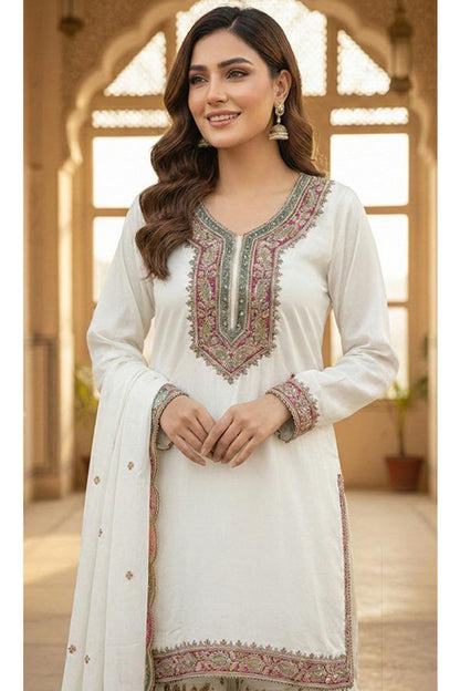 White Sharara Suit in Hevay Chinon for reception wear