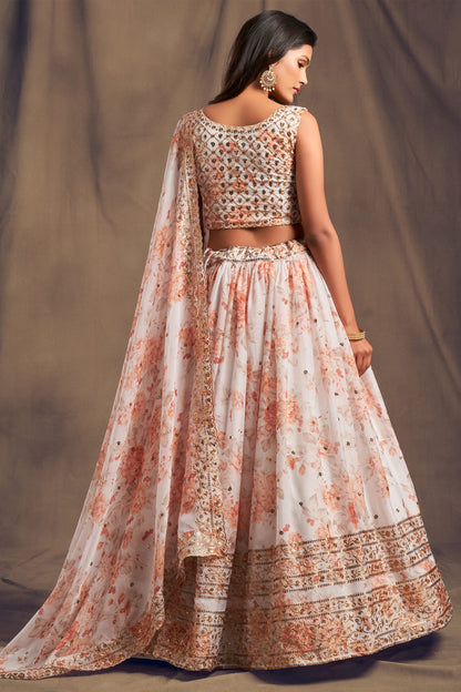 Back view of white lehenga with detailed choli design