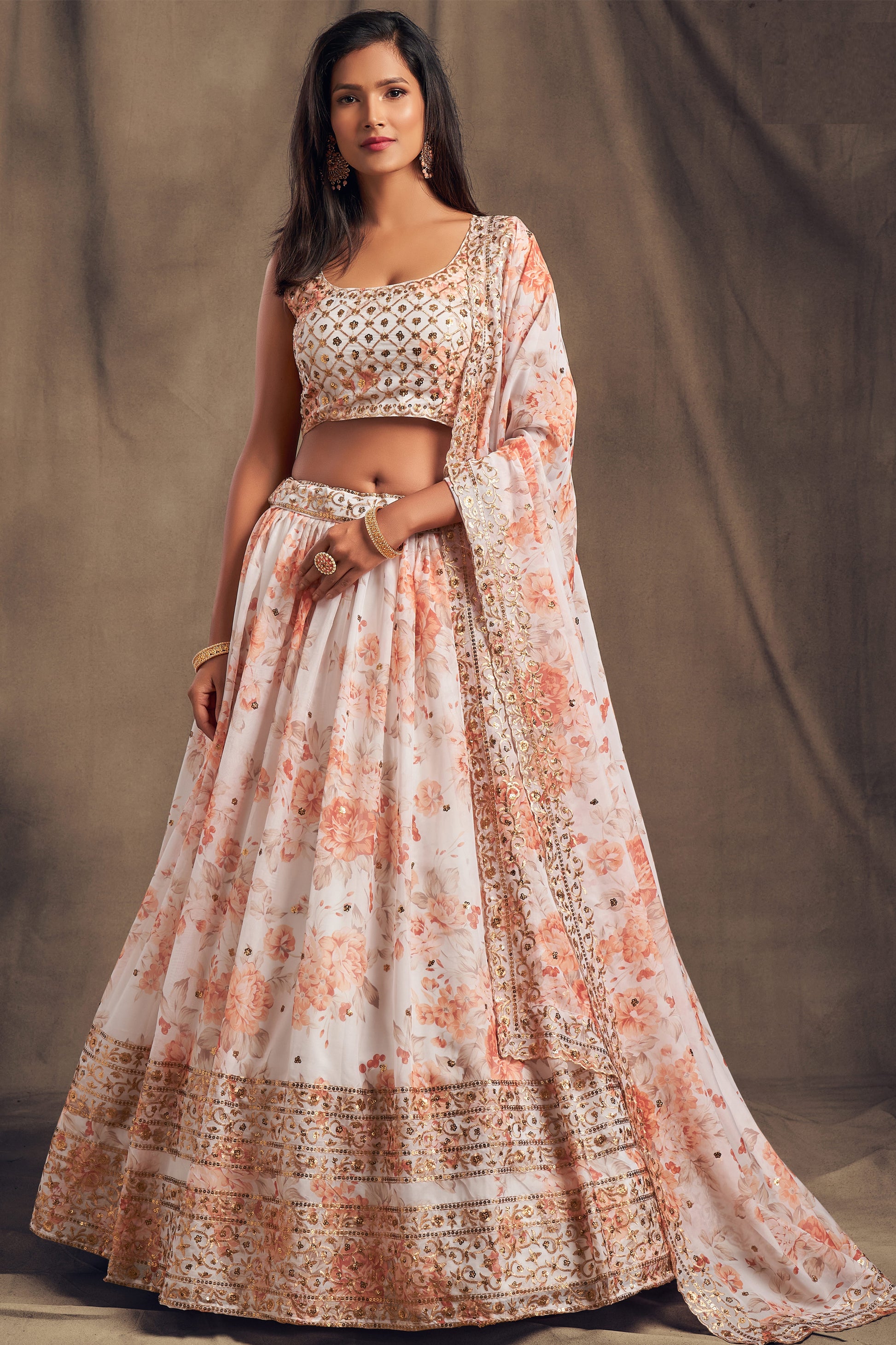 White lehenga for women front view with organza flare