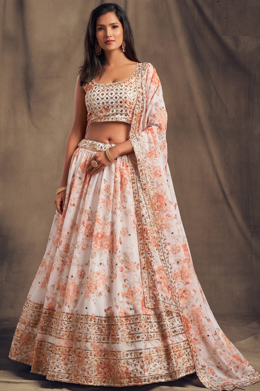 White lehenga for women front view with organza flare