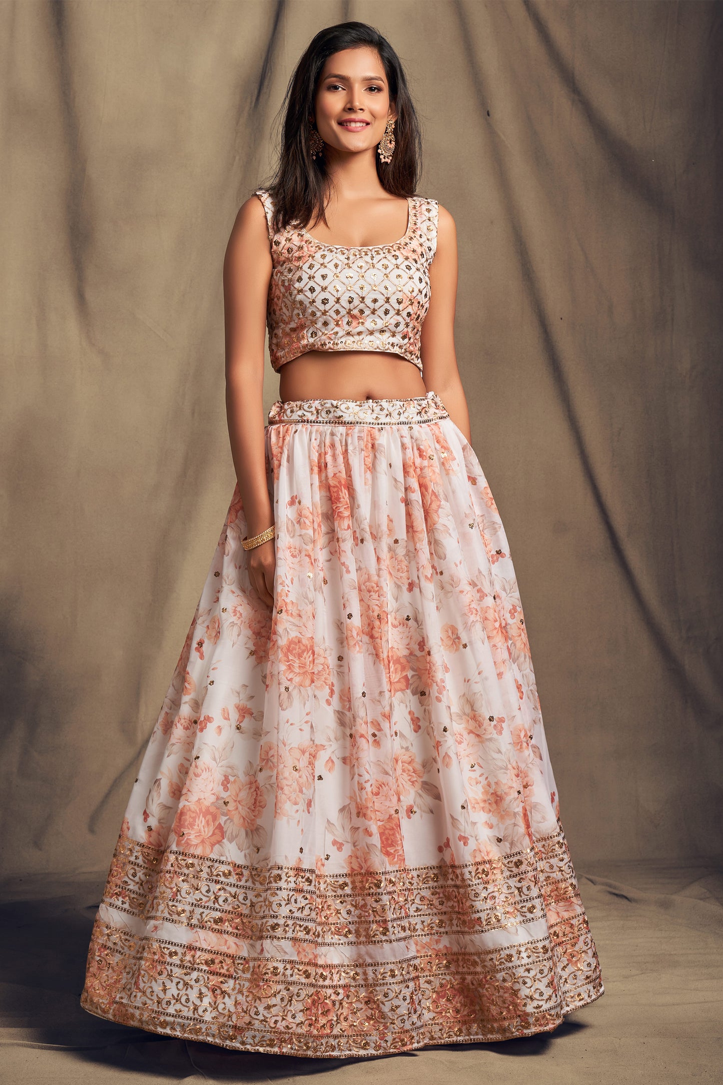 Designer ladies lehenga white organza full outfit look