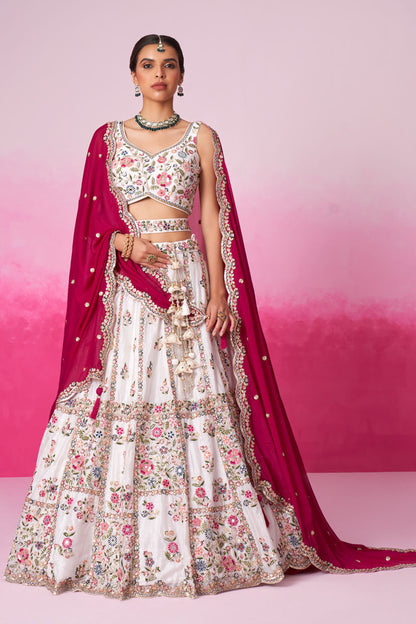 White lehenga full front view with sequins and mirror work