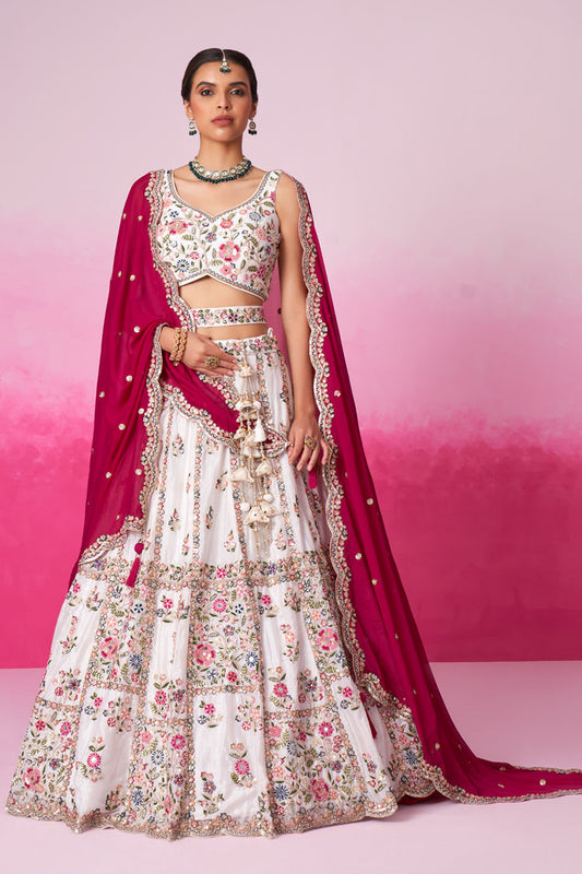 White lehenga full front view with sequins and mirror work