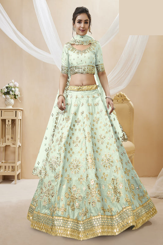 white lehenga front view with sequins work detailing