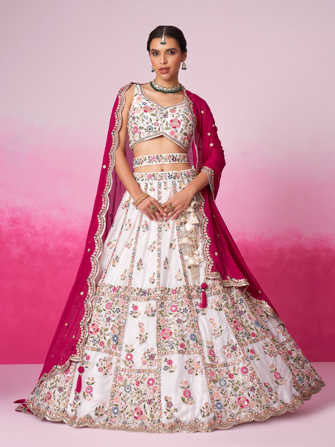 White lehenga skirt flare detail with thread embroidery