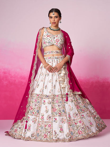 White lehenga skirt flare detail with thread embroidery