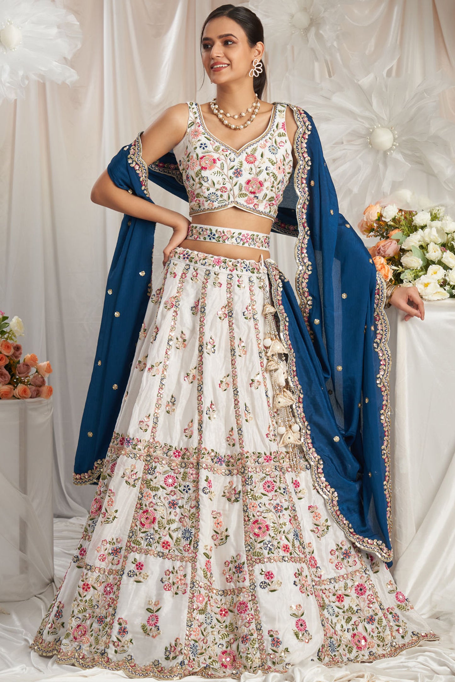 Fabric texture of georgette white lehenga in soft drape
