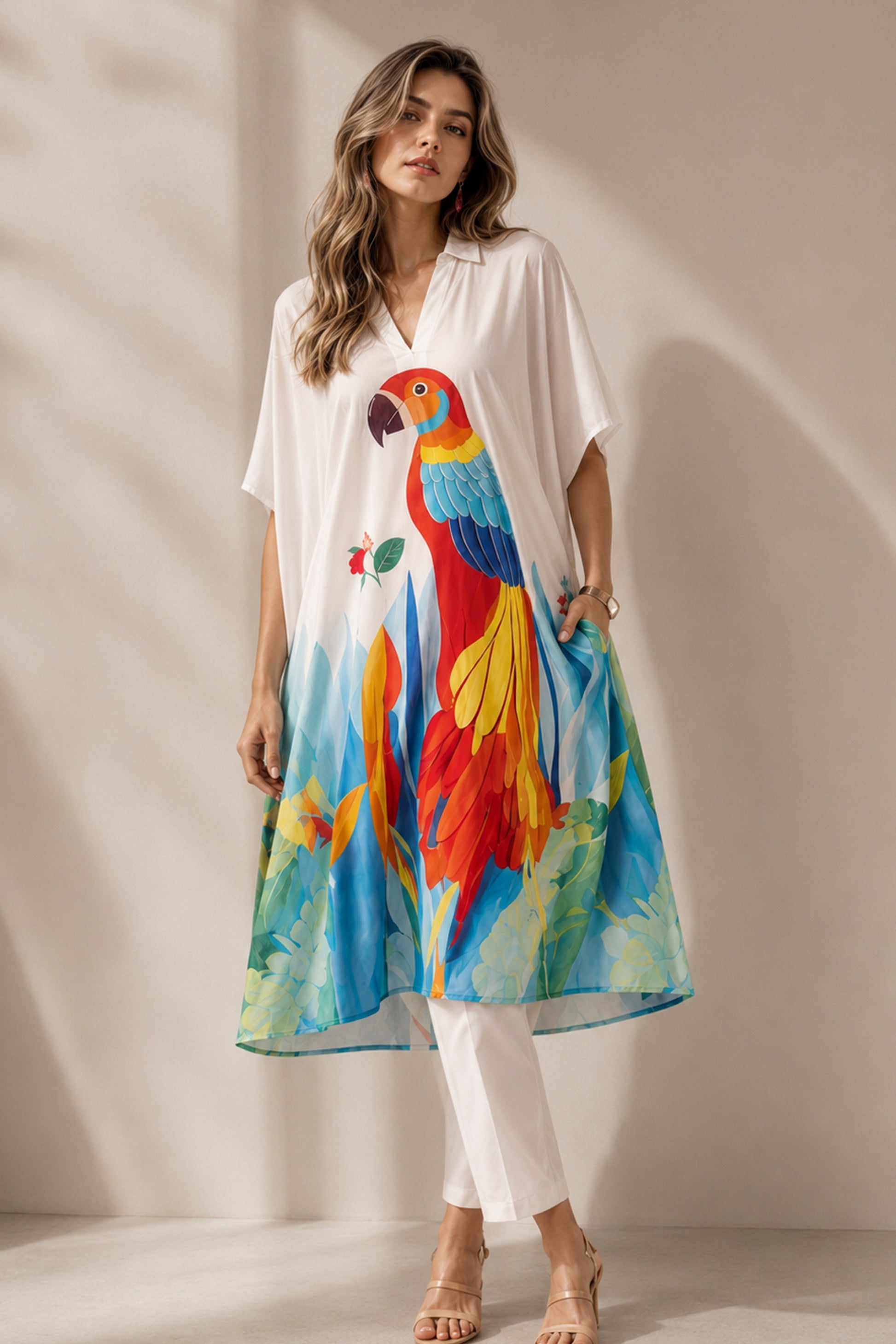 White kurta set for women with colorful printed detail