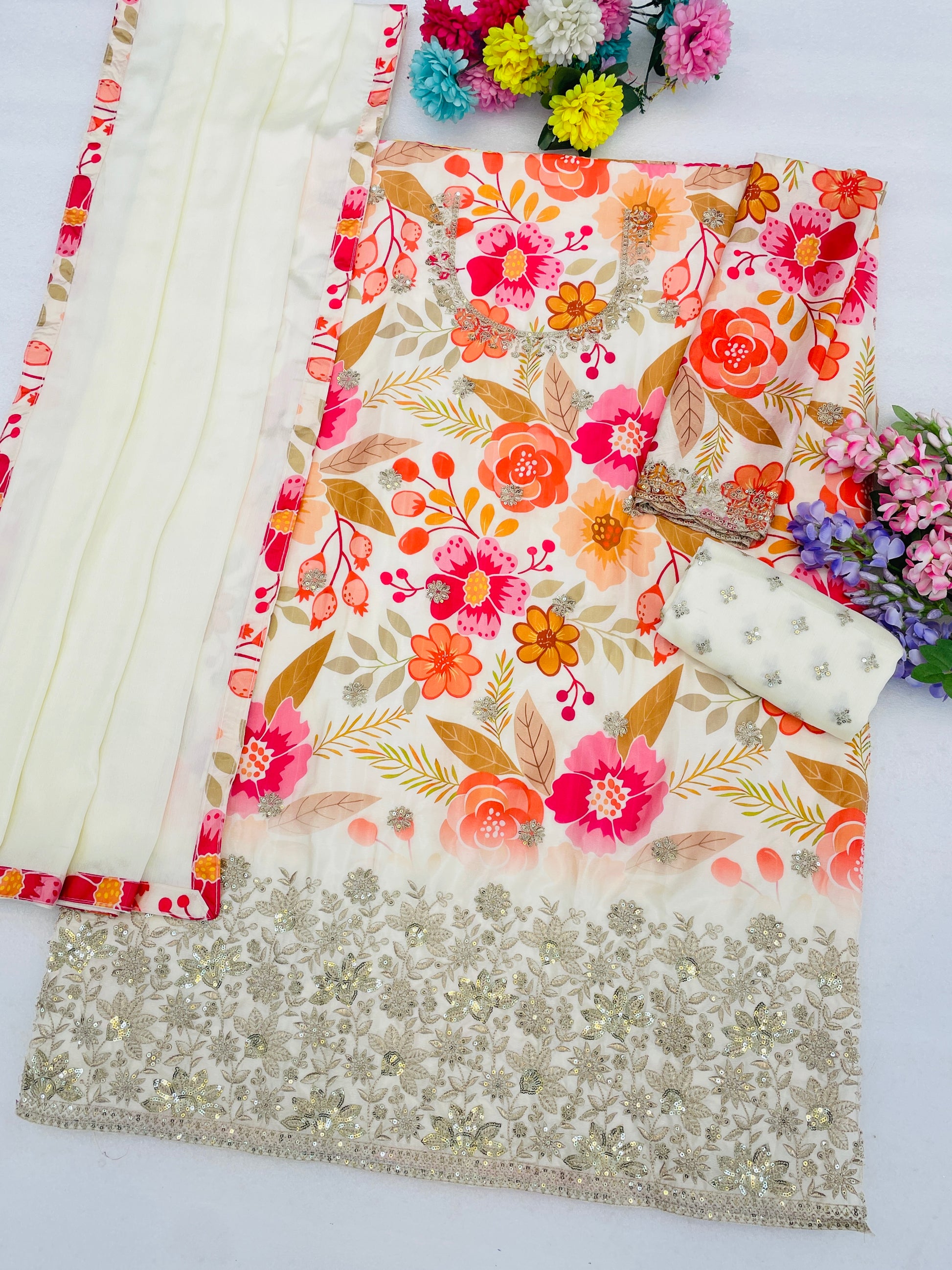 Heavy Chinon fabric detail on white sharara dress
