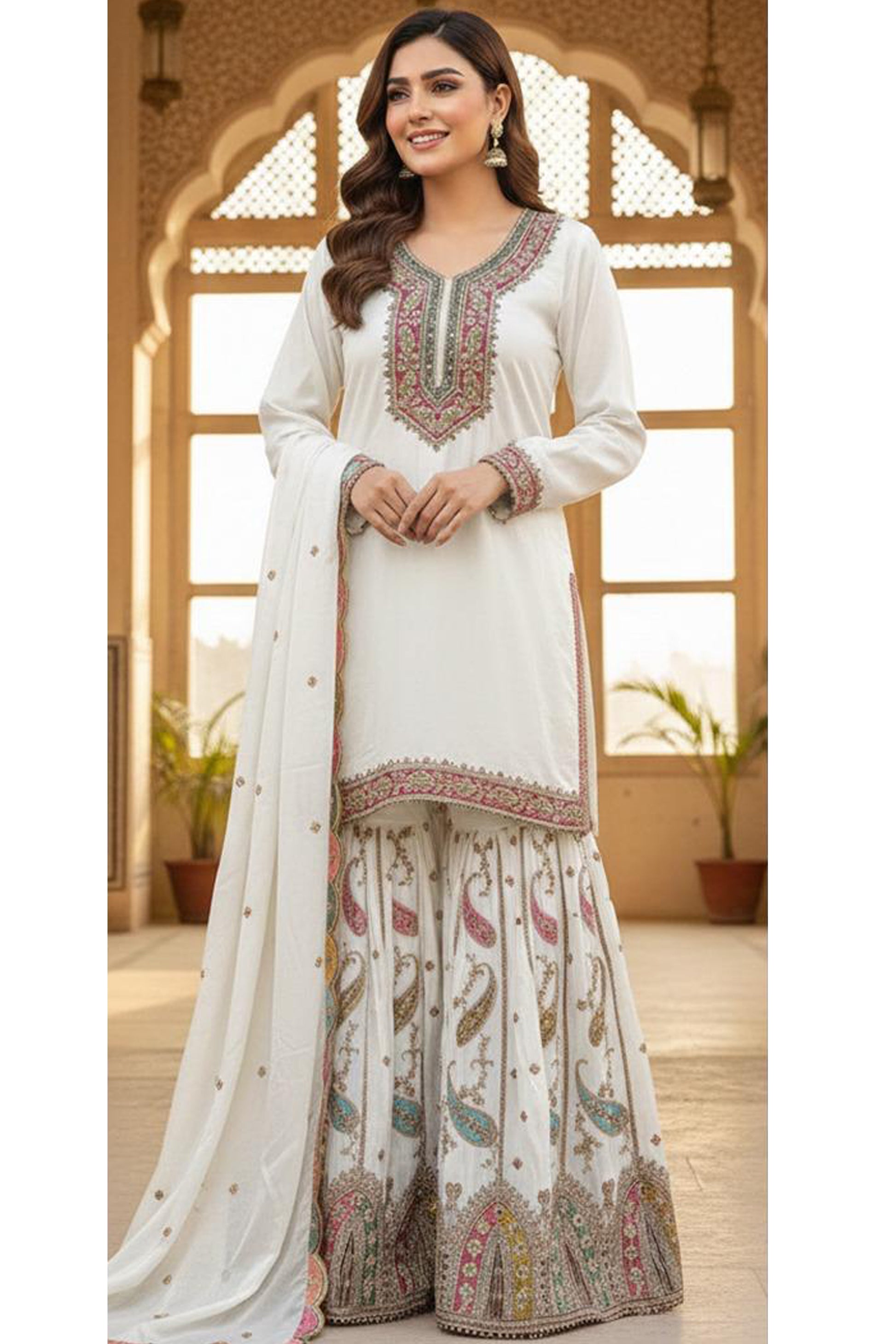 White Sharara Suit with Fancy Embroidery Work front view