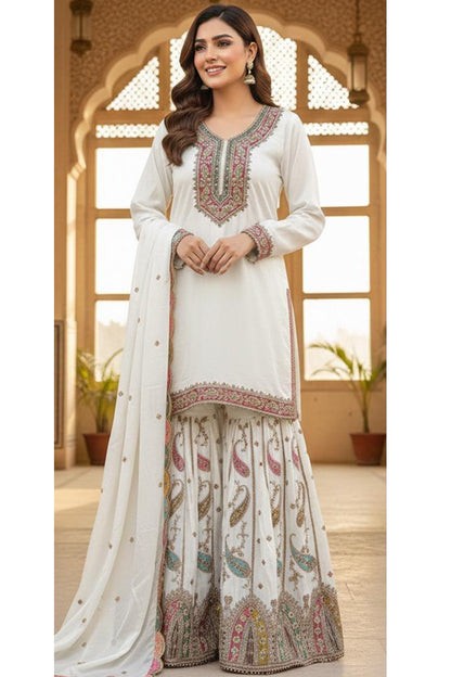 White Sharara Suit with Fancy Embroidery Work front view