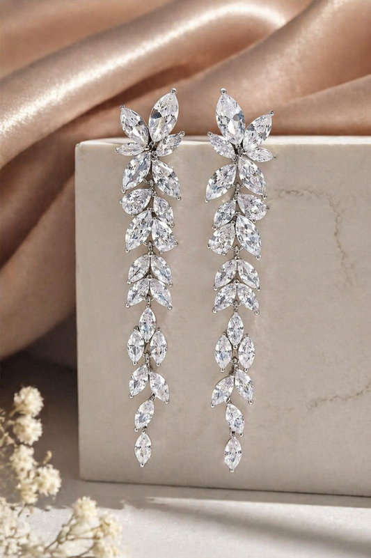 luxury silver crystal leaf cascade drop earrings marquise stones elegant long dangle earrings on display stand