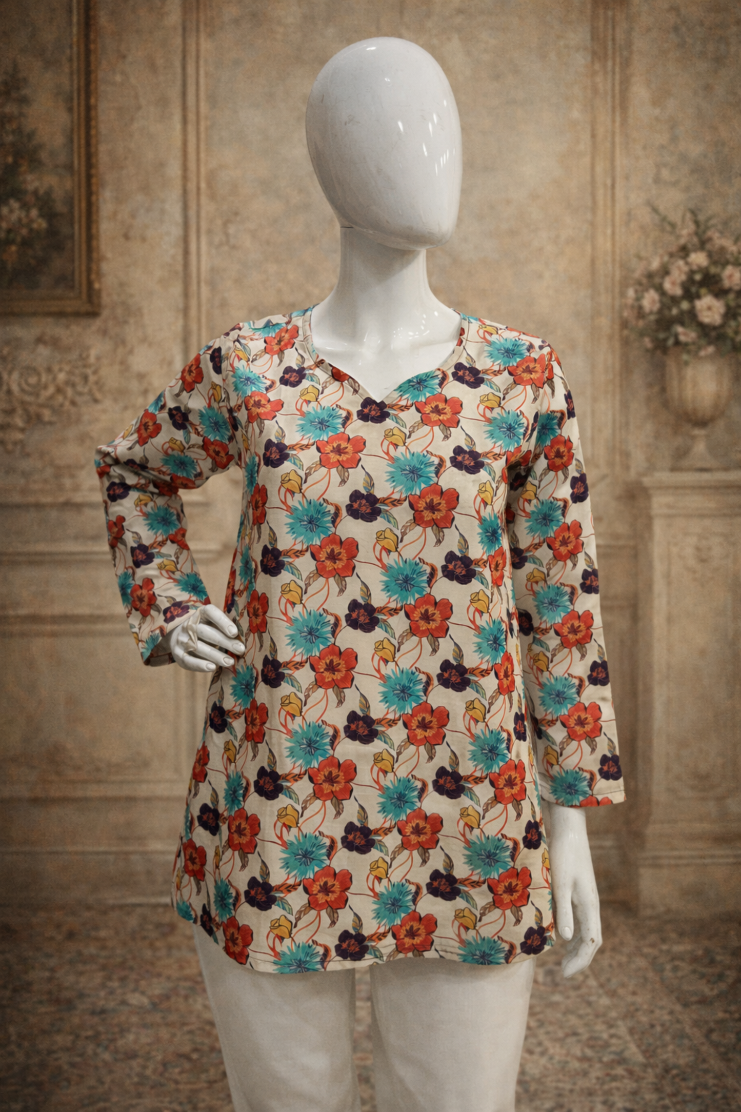 digital print detail on white womens tunic tops design