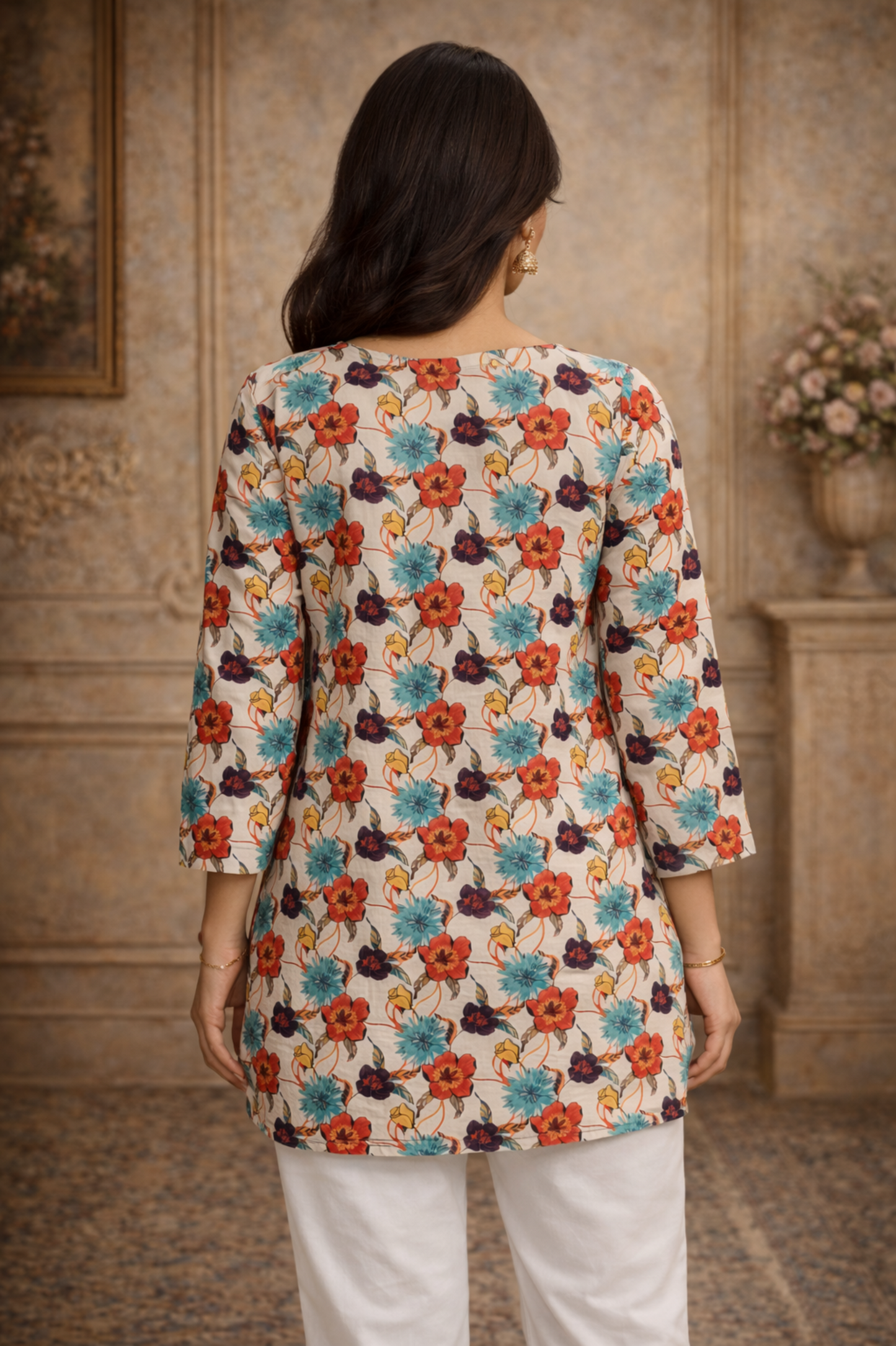 back view of white digital print top for daily wear