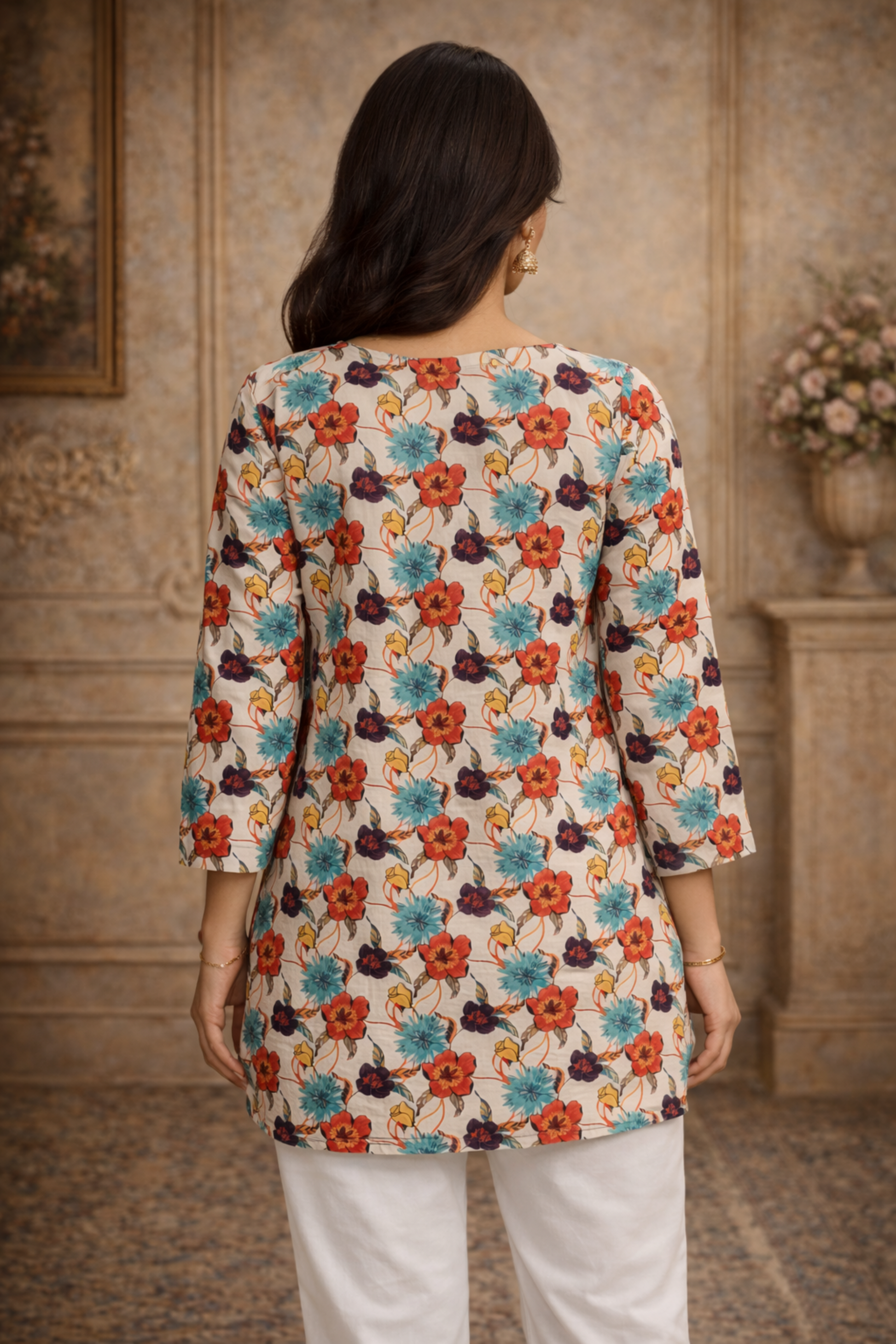 back view of white digital print top for daily wear
