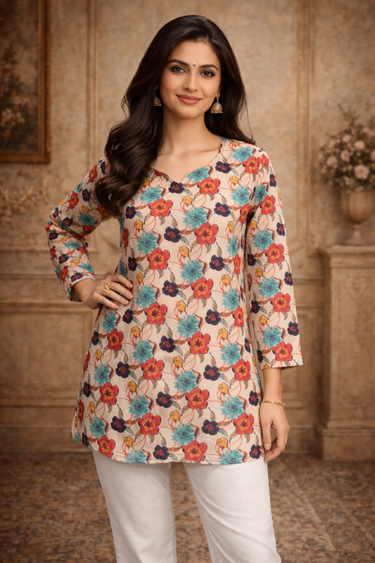 white women tops front view with digital print detailing