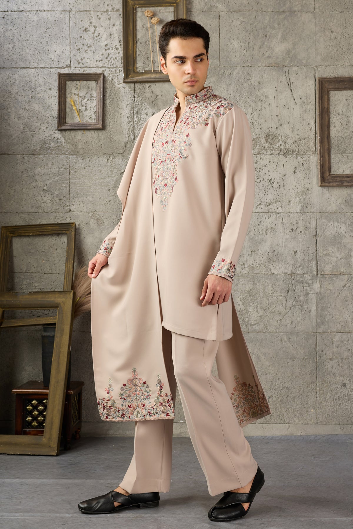 Beige Kurta Pajama Set With Dupatta For Nikah Wear