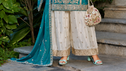 Wide leg palazzo outfit with embroidered teal kurta