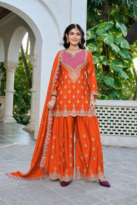 Orange Wide Leg Palazzo Suit With Full Heavy Embroidery
