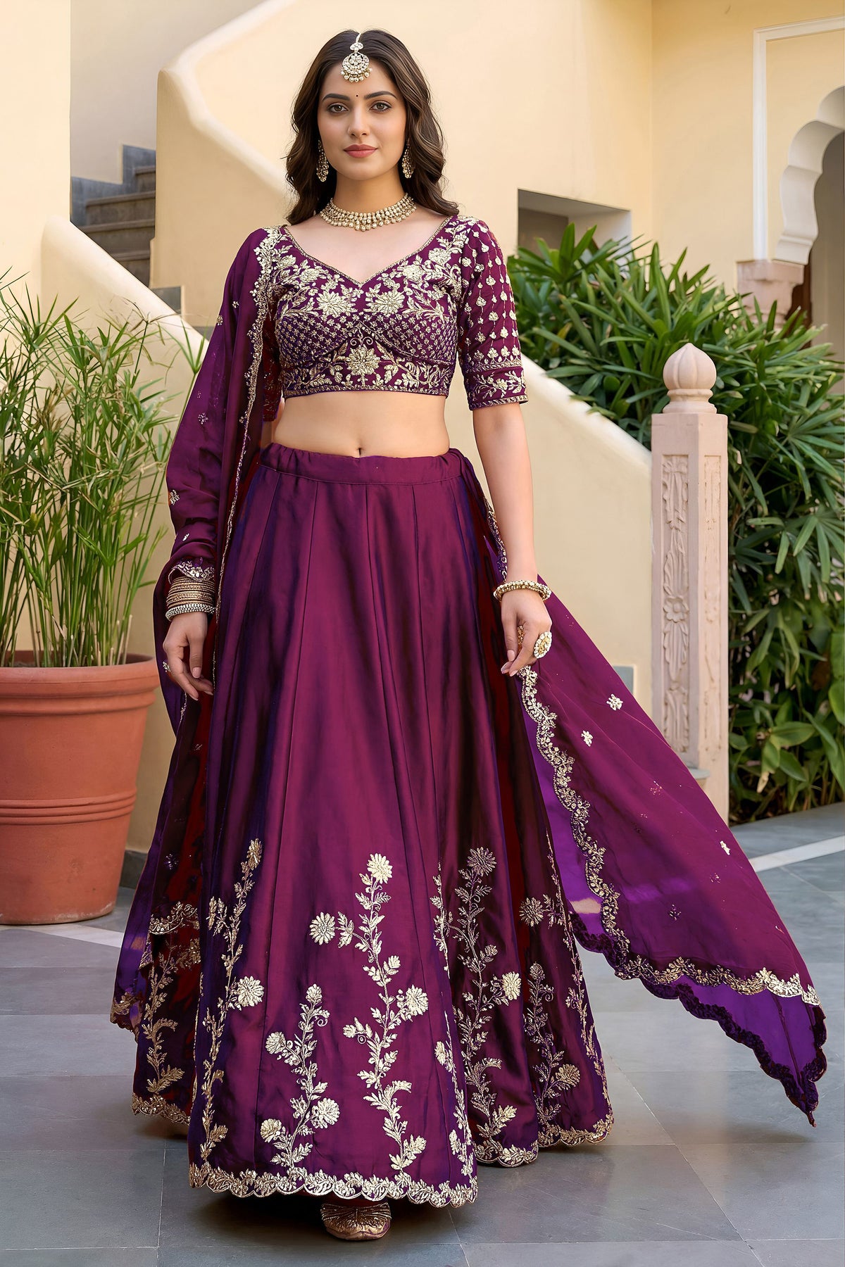 Matching wine dupatta with embroidered detailing