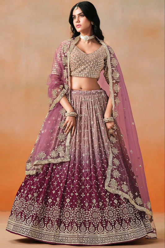 Wine bridal lehenga choli full front view with soft drape