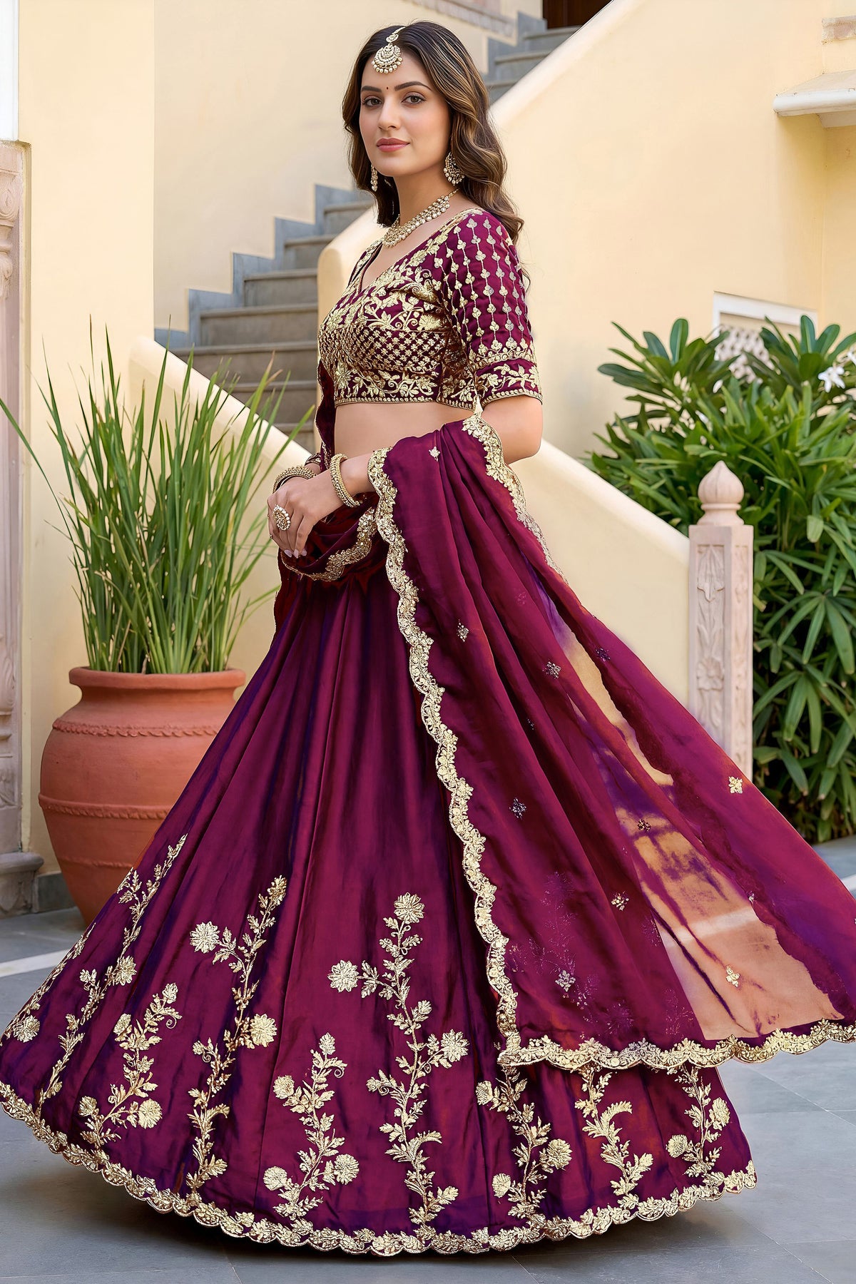 Matching wine dupatta with embroidered detailing