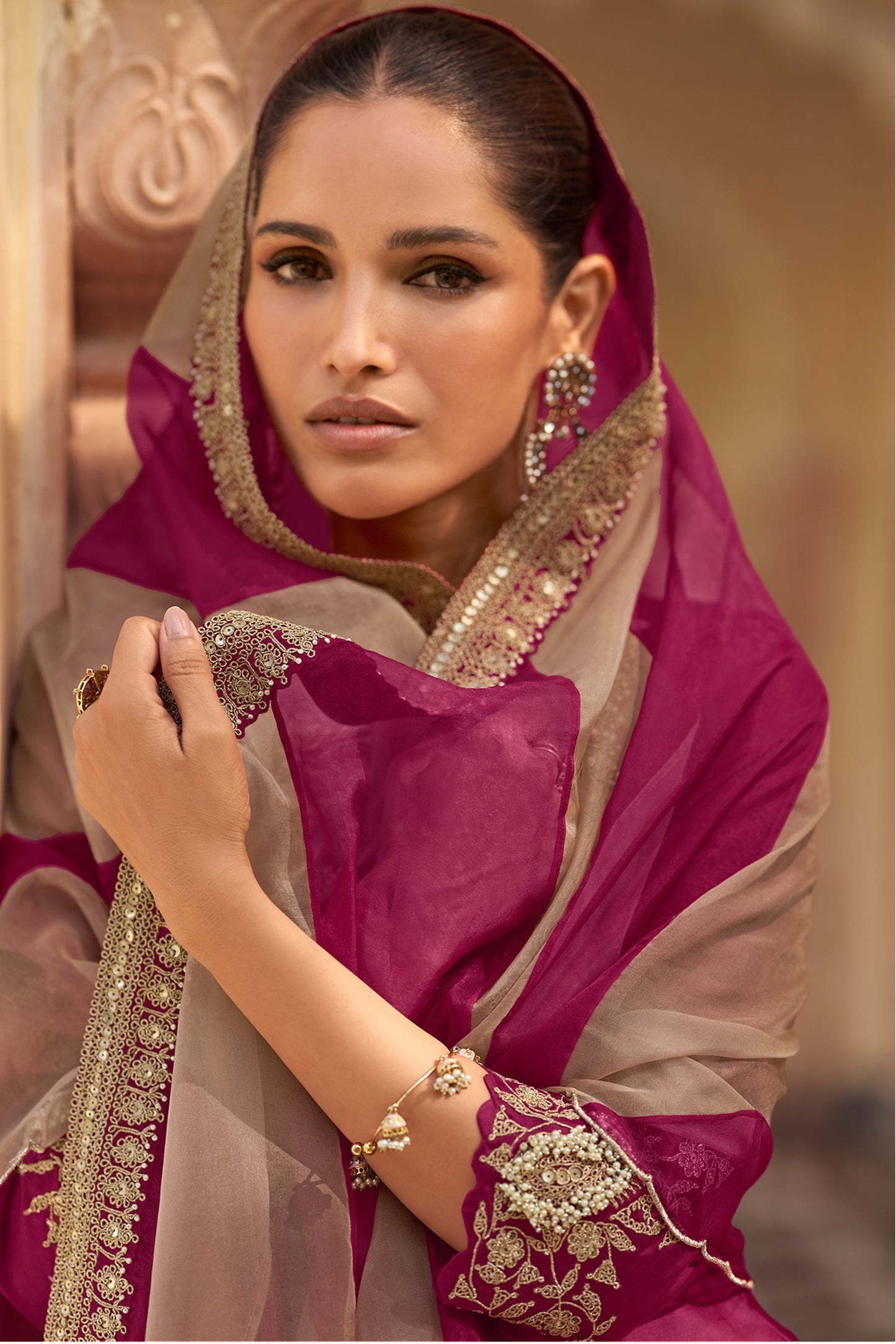 Wine sharara hem detail with fabric flow
